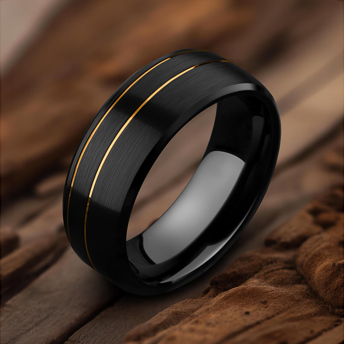 Black Ring with Gold Offset Lines – 8mm Beveled Edge Band
