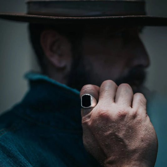 Men’s Black Onyx Signet Ring – Silver Waterproof Statement Jewelry