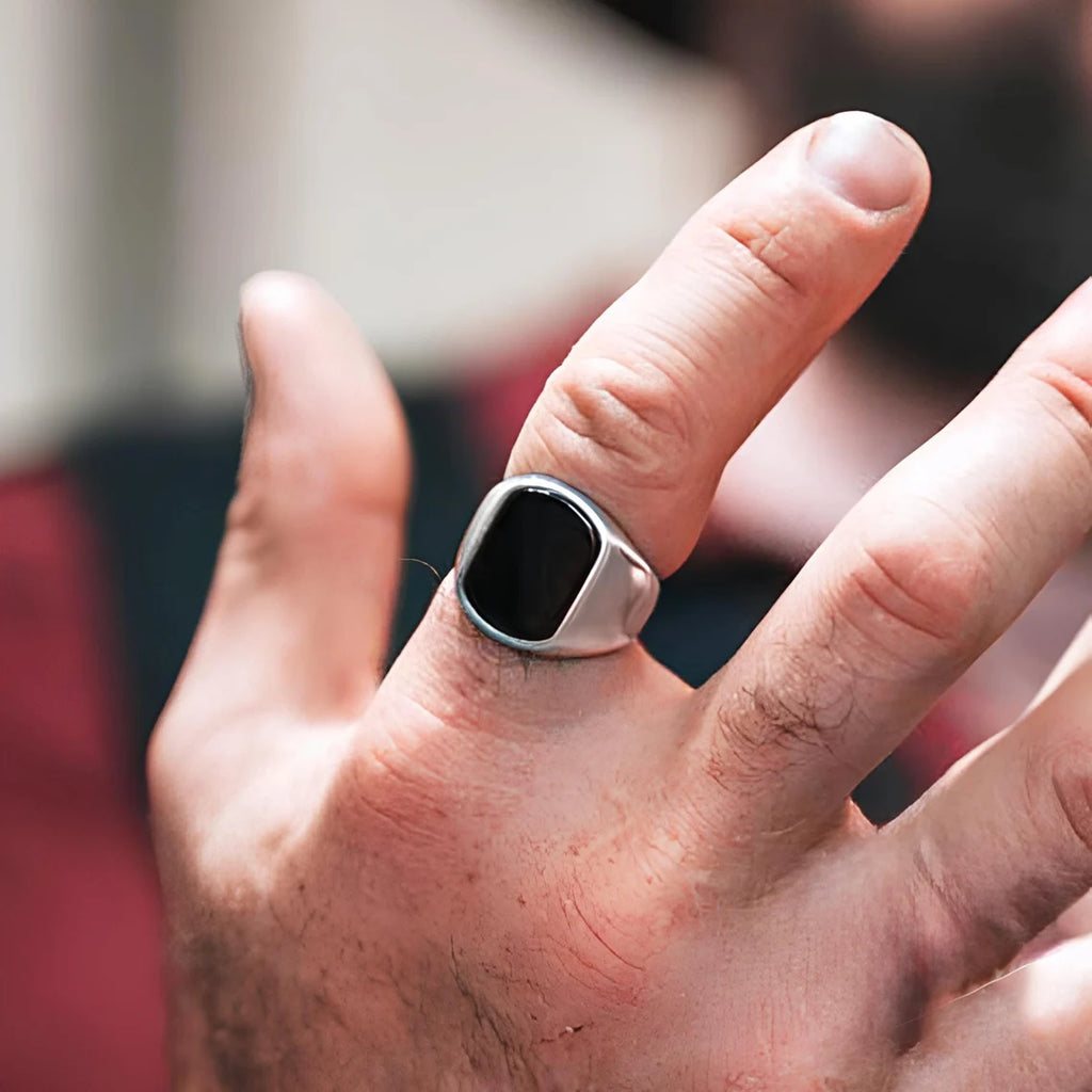Men’s Black Onyx Signet Ring – Silver Waterproof Statement Jewelry