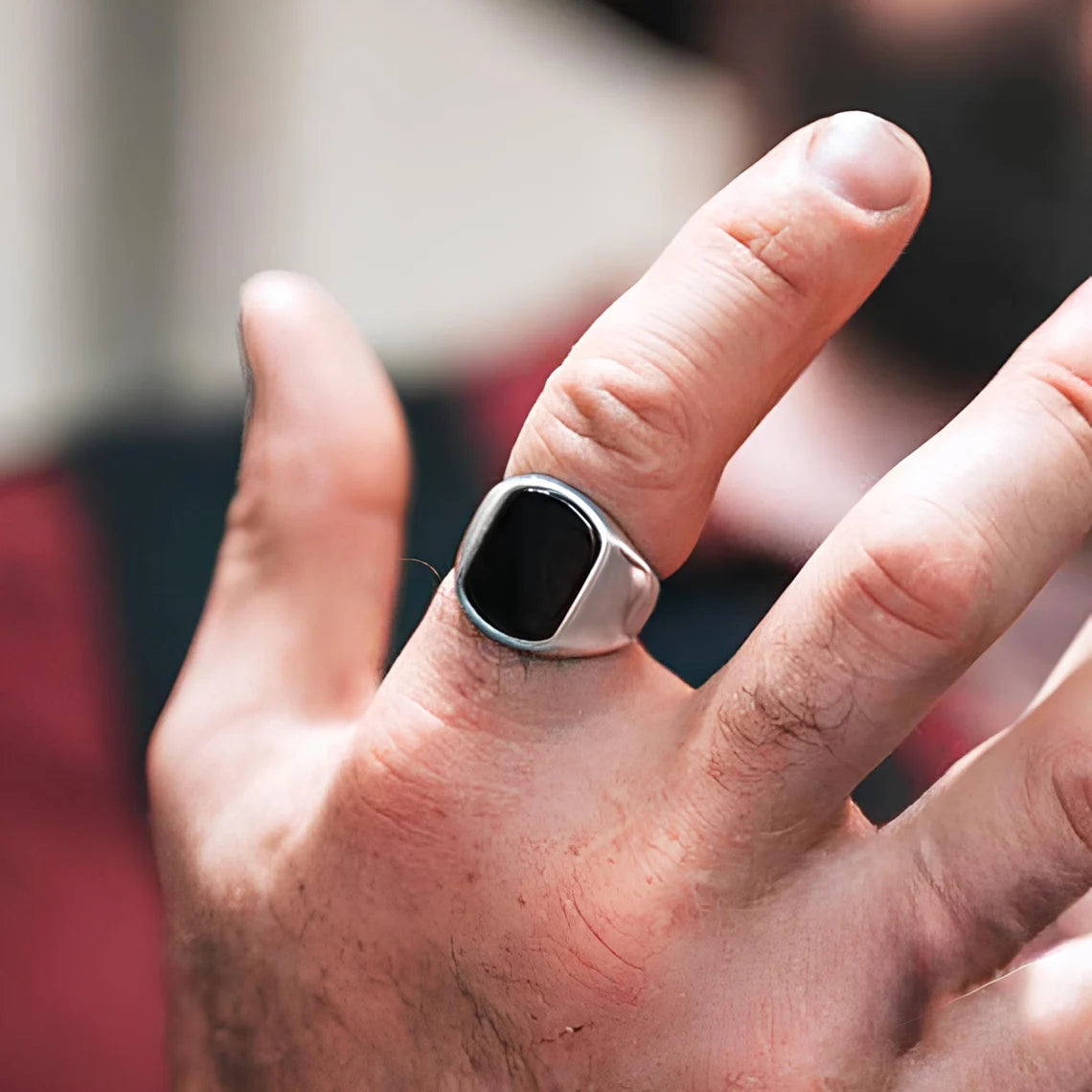Men’s Black Onyx Signet Ring – Silver Waterproof Statement Jewelry
