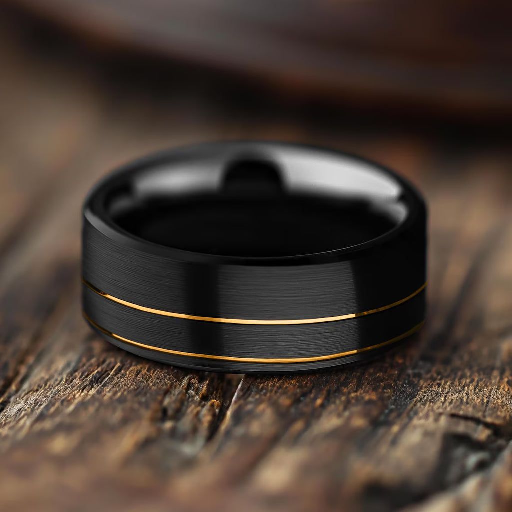 Black Ring with Gold Offset Lines – 8mm Beveled Edge Band