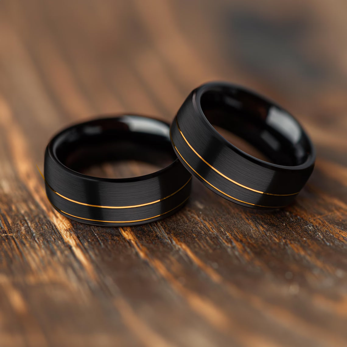 Black Ring with Gold Offset Lines – 8mm Beveled Edge Band