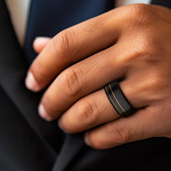 Black Ring with Gold Offset Lines – 8mm Beveled Edge Band